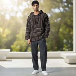 Men's Baja Hoodie Pullover‎ Striped Mexican Drug Rug Hippie Sweater XL